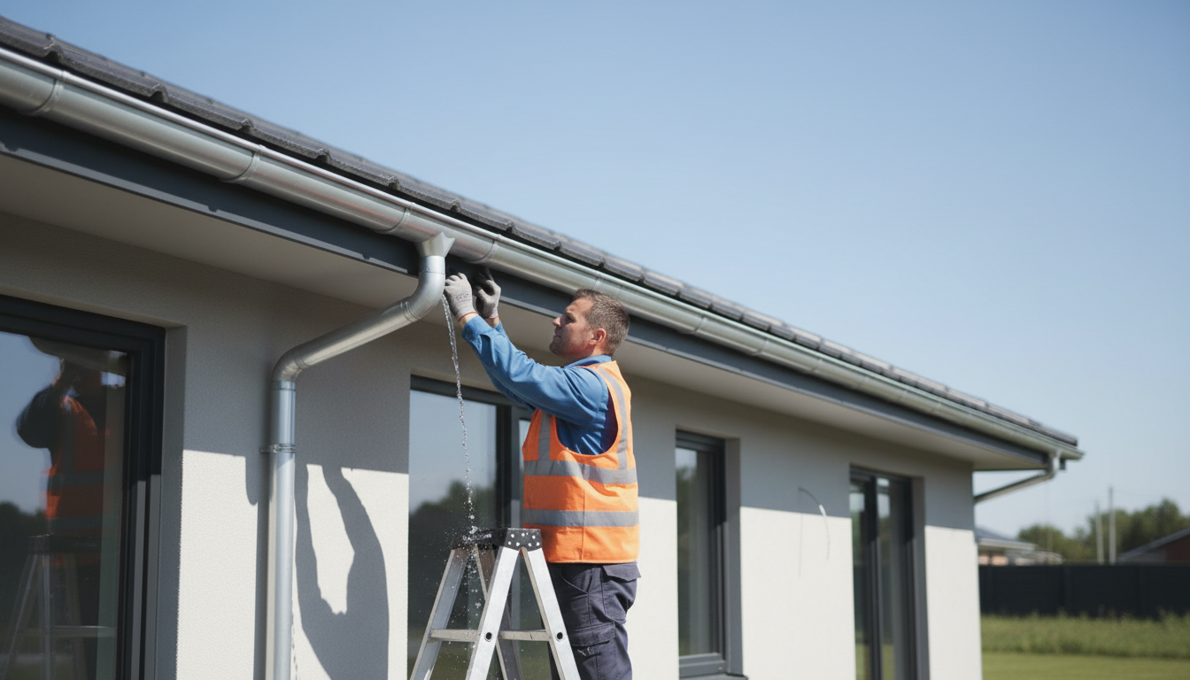 Dachrinne montieren: Handwerker auf stabilem Leiter prüft saubere Regenrinne, Ausrichtung und Ablauf bei sonnigem Wetter