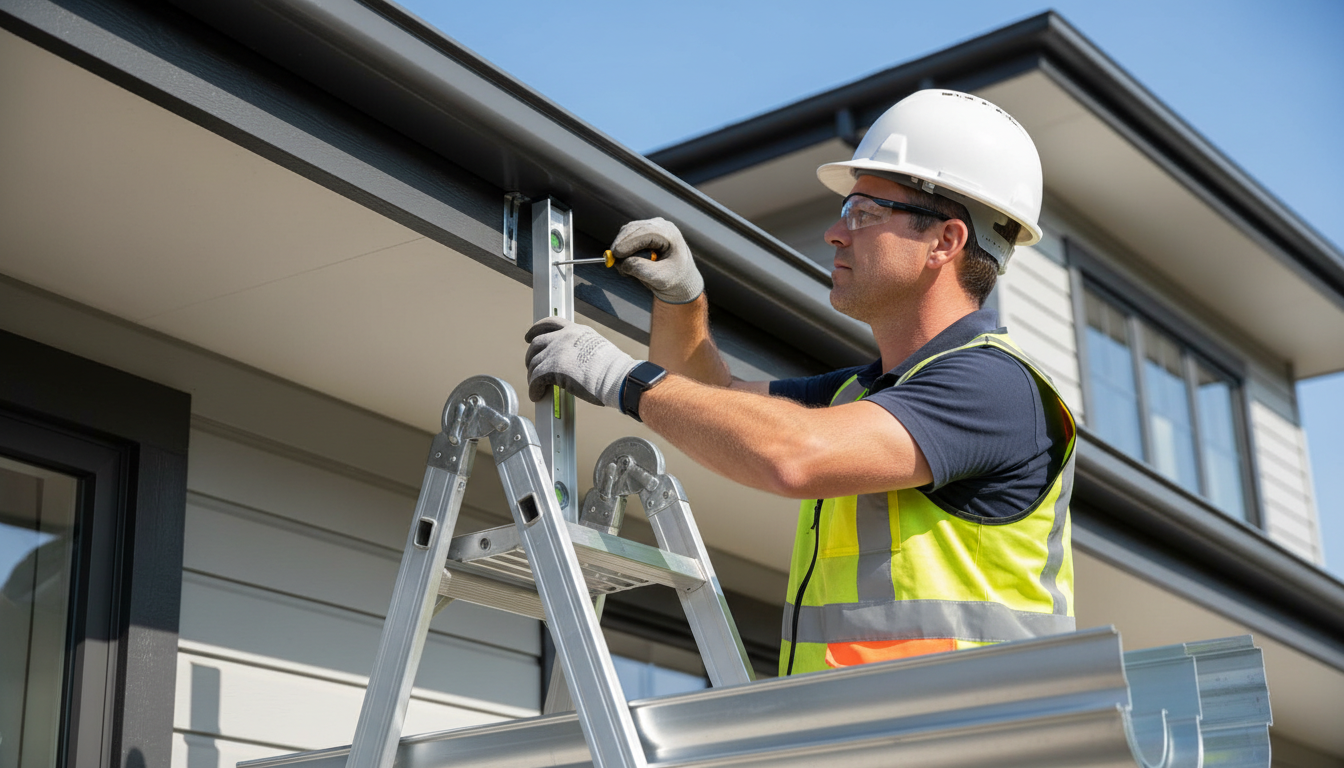 Handwerker montiert Metall-Dachrinne auf Leiter, Befestigungswinkel sichtbar, Dachrinne montieren bei Tageslicht
