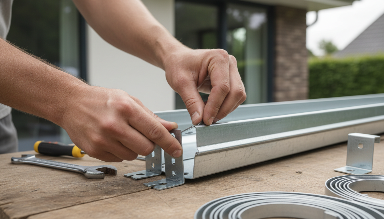 Hand eines Handwerkers beim Dachrinne montieren: Halterungen und Verbindungsstücke, Werkzeuge sichtbar