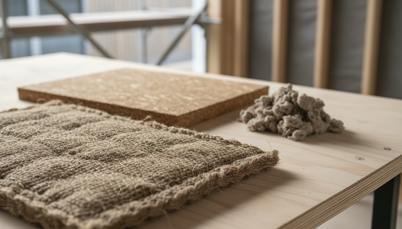Nahaufnahme ökologischer Dämmstoffe (Hanffaser-Matte, Holzfaserplatte, Zellulose) auf Baustisch — Dämmung nachhaltig im Fokus.