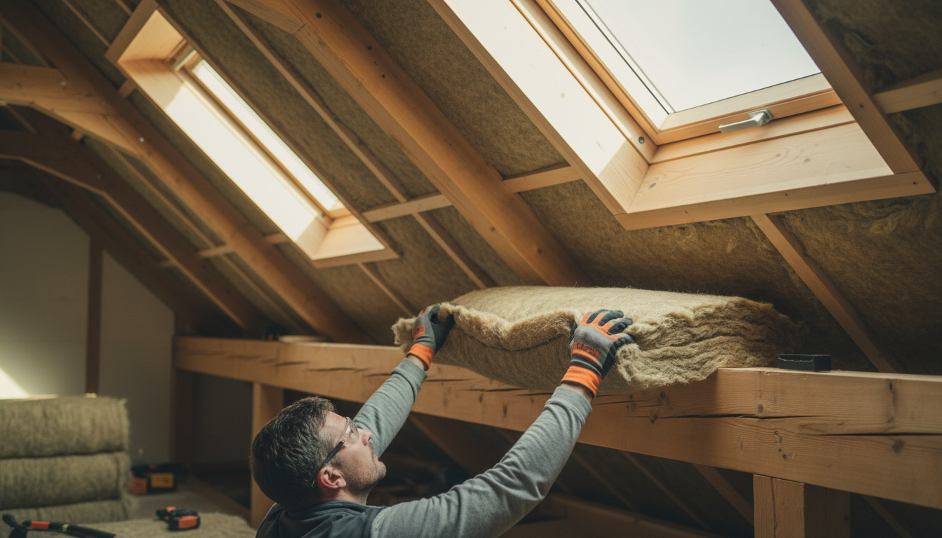 Handwerker passt Dämmung nachhaltig mit Hanffasern zwischen Holzsparren im Dachboden ein.