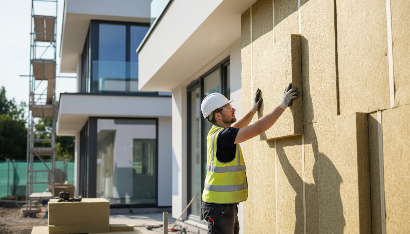 Arbeiter installiert Holzfaserplatten an Außenwand eines Wohnhauses — Dämmung nachhaltig, hohe Texturdetails