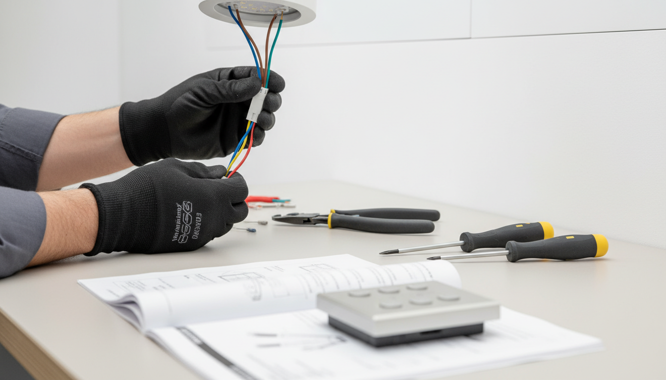Dimmbare Spots: Elektriker installiert LED-Deckenspot Elektriker installiert dimmbare Spots in der Decke; Handschuhe, Kabel, Dimmer und Werkzeuge sichtbar