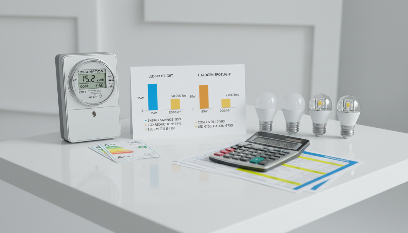 Dimmbare Spots: LED vs Halogen Effizienz Infografische Aufnahme: Dimmbare Spots - Energievergleich LED vs Halogen, Stromzaehler, Taschenrechner und Kosten