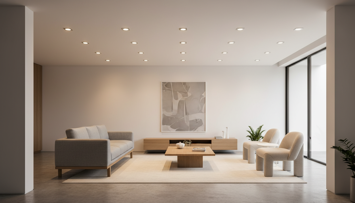 Dimmbare Spots: Modernes Wohnzimmer mit LED-Beleuchtung Modernes Wohnzimmer mit dimmbaren Spots in Decke, warmes Ambiente durch verschiedene Helligkeitsstufen, hochwertige LEDs.