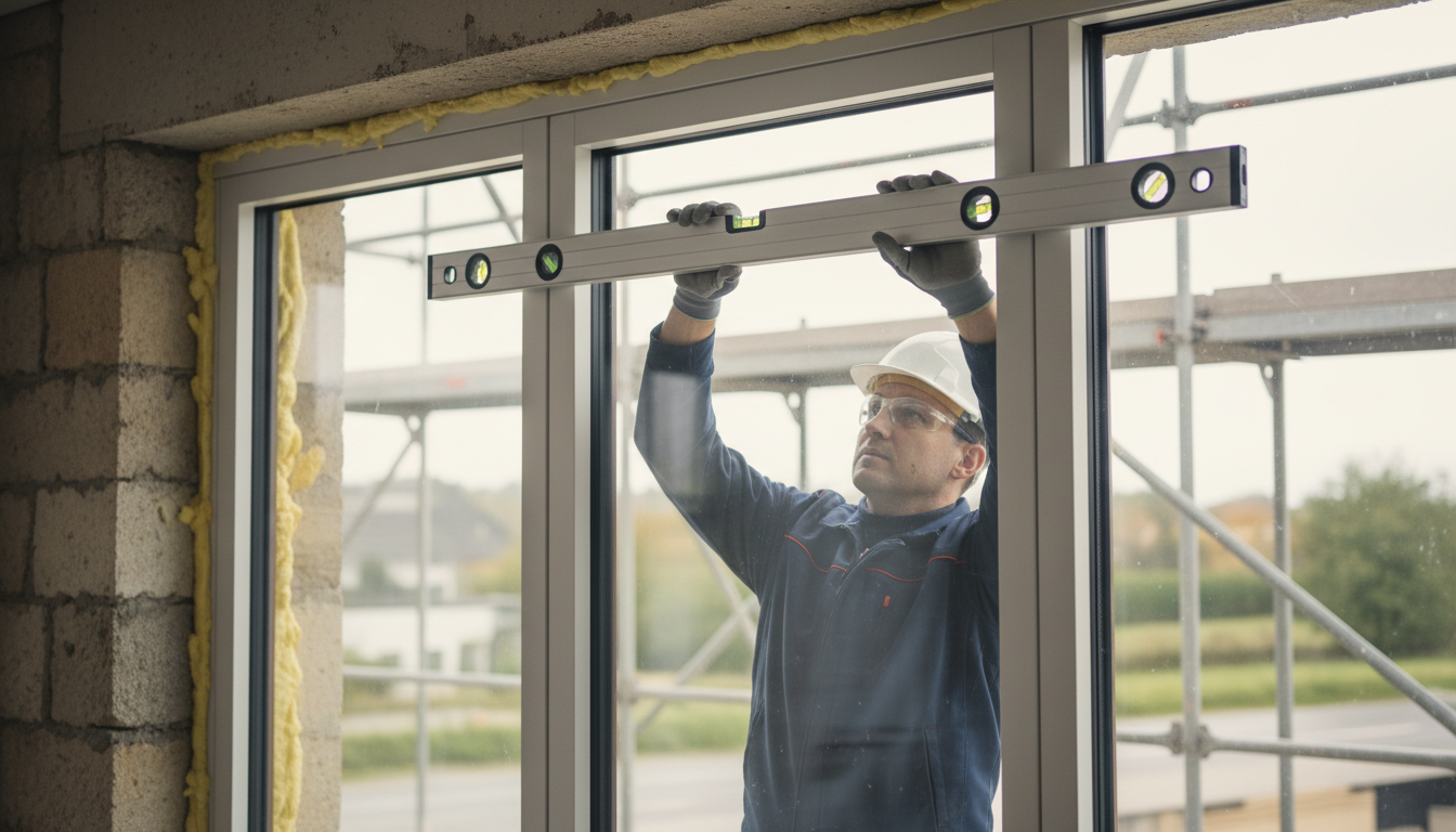 Bauarbeiter installiert dreifach verglastes Fenster in renovierter Hauswand; Einfamilienhaus modernisieren energieeffizient