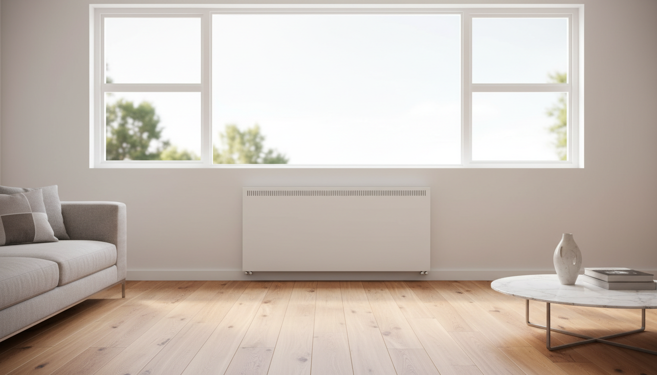 Renoviertes Einfamilienhaus modernisieren: modernes Wohnzimmer mit energieeffizientem Heizkörper und großen Fenstern