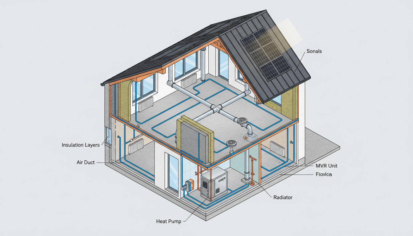 Energieberatung 2026: Hausquerschnitt mit Dämmung, Heizung, Lüftung und Solarpanelen, technische Visualisierung.