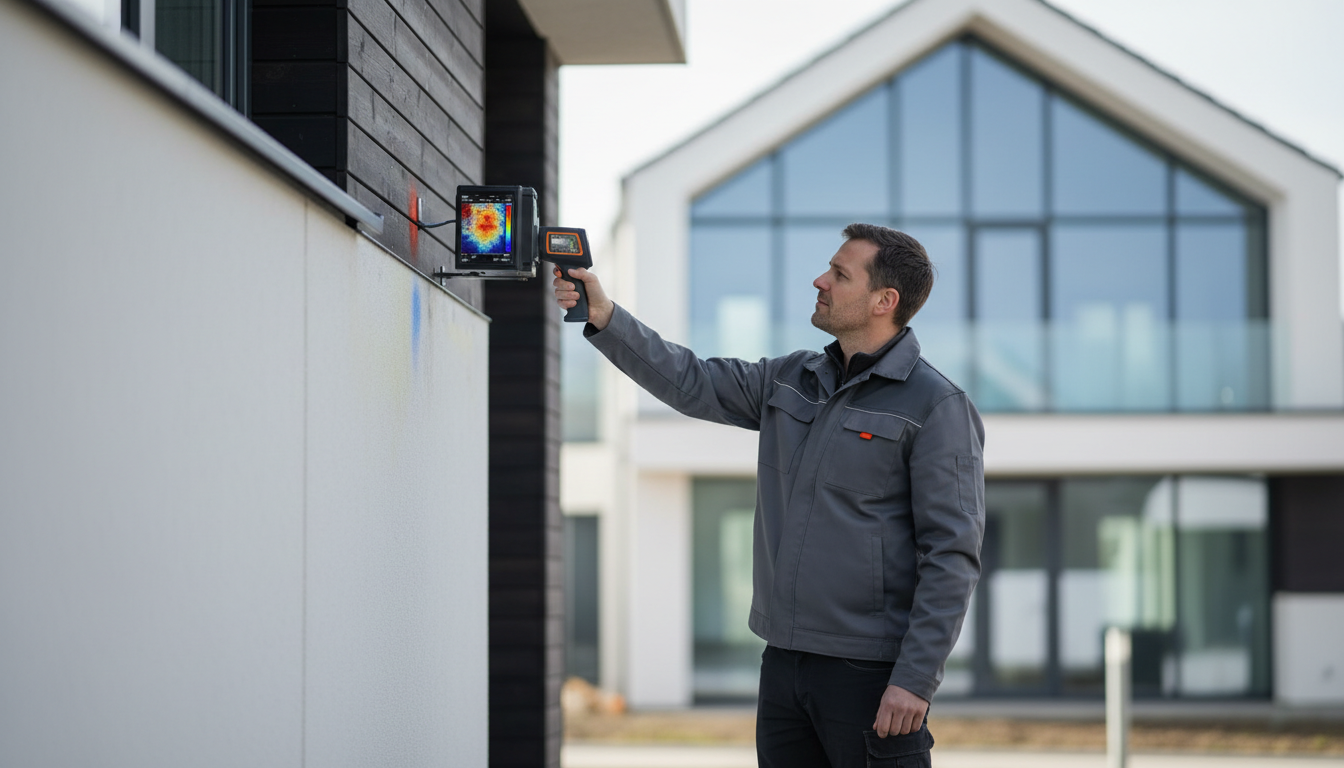 Energieberater mit Wärmebildkamera prüft Außenwand eines Wohnhauses bei Tageslicht – Energieberatung 2026