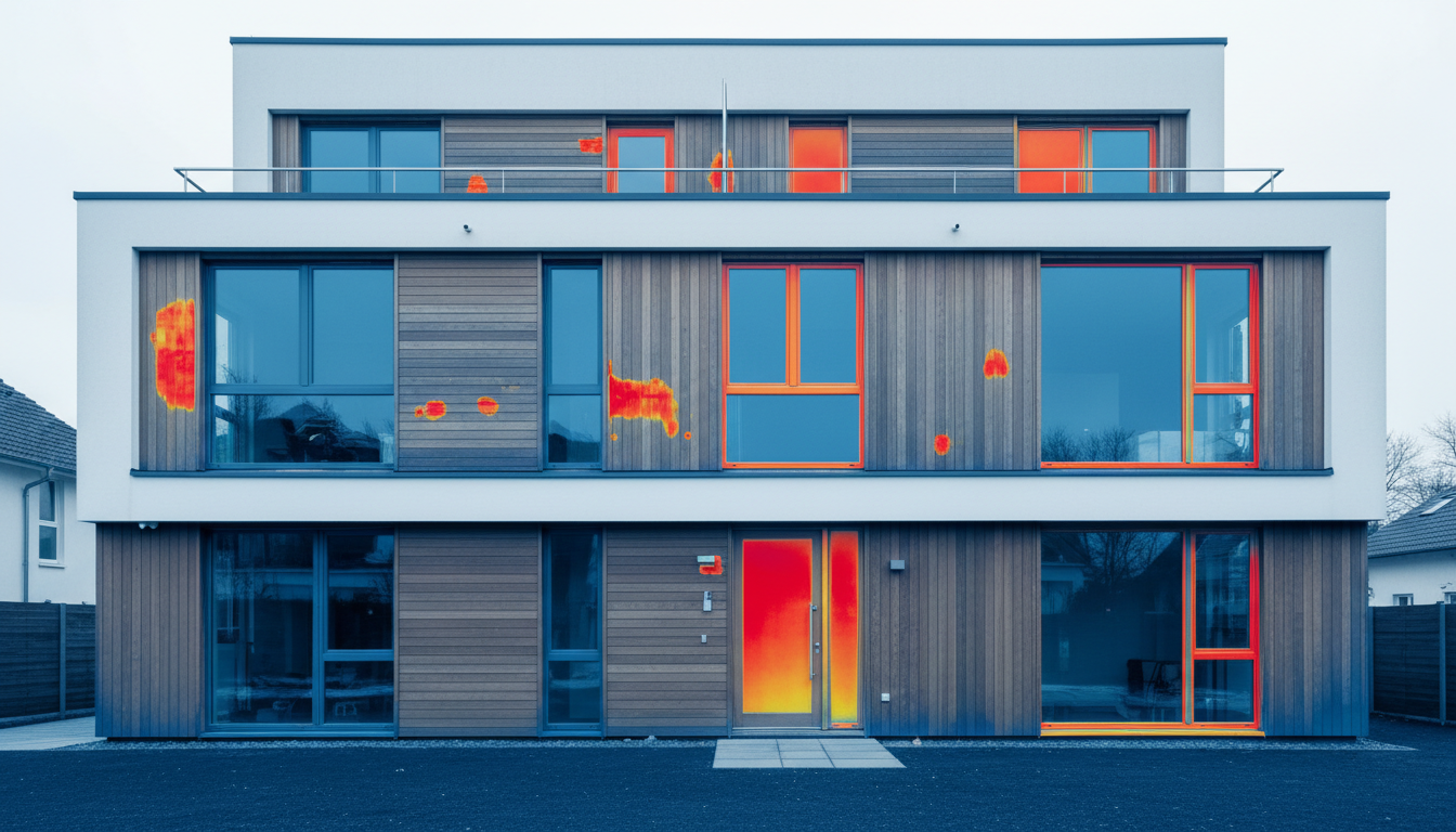 Thermisches Infrarotbild einer Hausfassade mit roten und blauen Wärmeverlustzonen, Energieberatung 2026, hohe Auflösung
