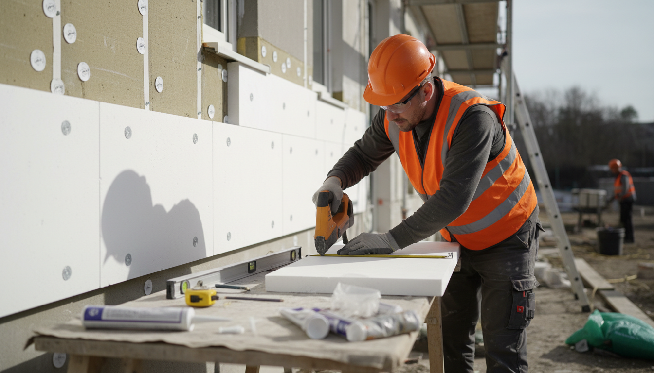 Fassadenrenovierung: Nahaufnahme eines Handwerkers beim Zuschneiden von Dämmplatten an Gebäudeaußenwand