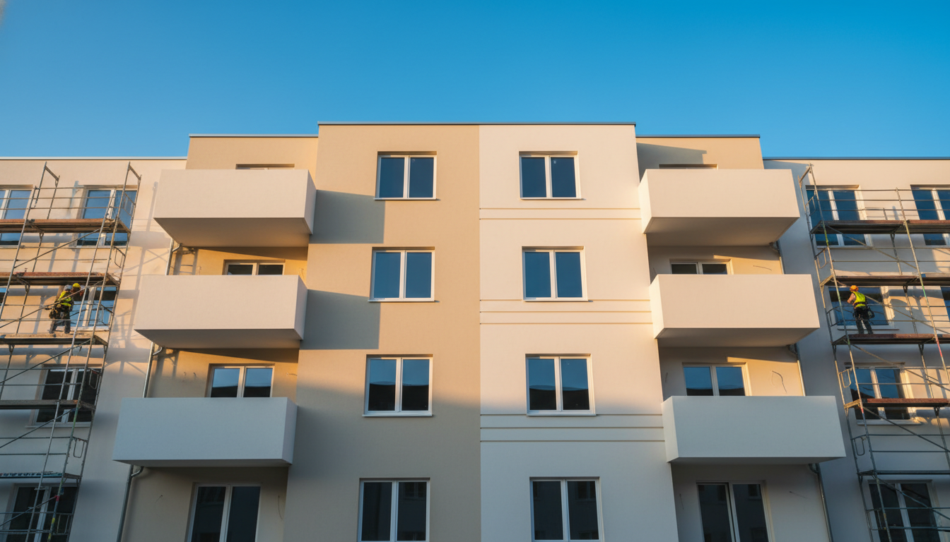 Weitwinkelaufnahme: Fassadenrenovierung an modernem Wohnhaus, frisch gestrichen, neue Dämmung sichtbar, Gerüstabbau.