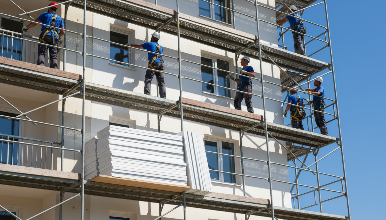 Arbeiter auf Geruest bei Fassadenrenovierung eines Wohnhauses; neue Daemmung, Putz, sichtbare Schutzkleidung im Tageslicht