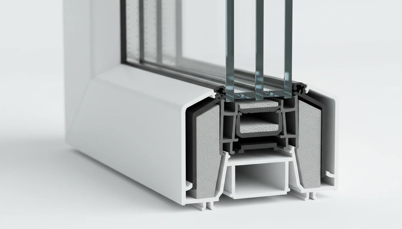 Nahaufnahme eines dreifachverglasten Fenster-Querschnitts mit Isolationsschichten; relevant für Fenster austauschen Kosten