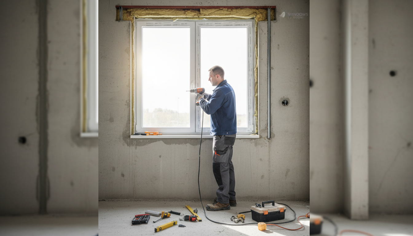 Handwerker montiert weißes PVC-Fenster bei Tageslicht auf Baustelle; Fenster austauschen Kosten im Blick.
