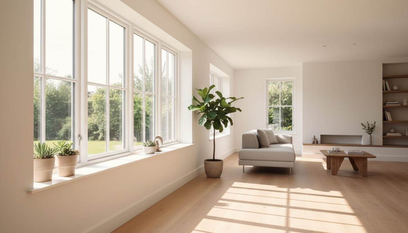 Neues modernes Fenster im hellen Wohnzimmer, natürliches Licht, Fenster austauschen Kosten im Fokus.