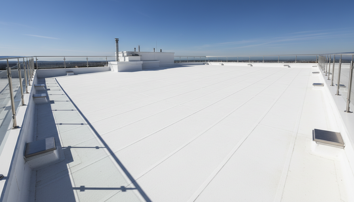 Vogelperspektive einer fertigen Flachdach Reparatur: neue Dachmembran, Entwässerung, Geländer, moderne Abdichtung