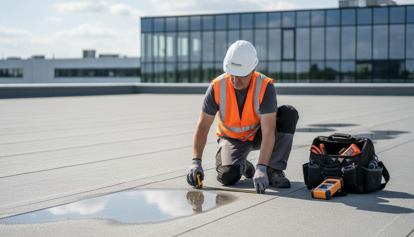Dachdecker in Schutzkleidung untersucht nasses Flachdach mit Messgerät und Notizen für Flachdach Reparatur