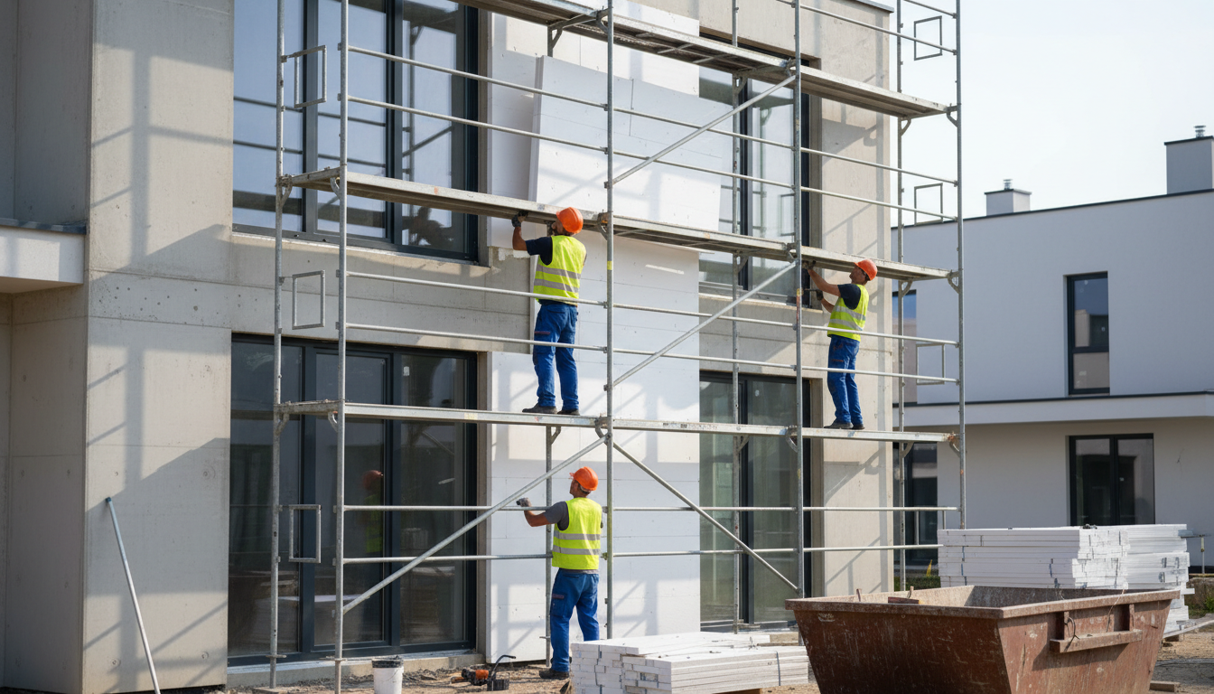 Fördermittel für energetische Sanierung 2026 - Praxis Arbeiter montieren Dämmung an moderner Hausfassade auf Gerüst bei Tageslicht – Fördermittel für energetische Sanierung 2026