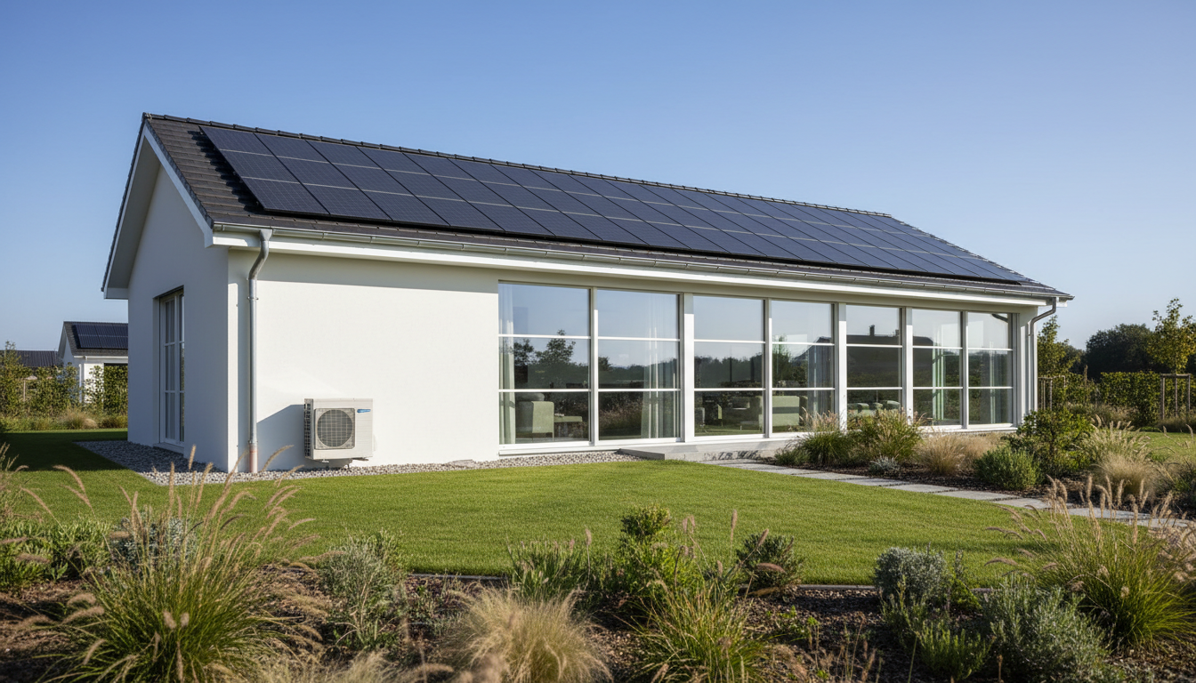 Fördermittel für energetische Sanierung 2026 Modernes energieeffizientes Haus mit Solarpaneelen, Wärmepumpe und Garten – Fördermittel für energetische Sanierung 2026