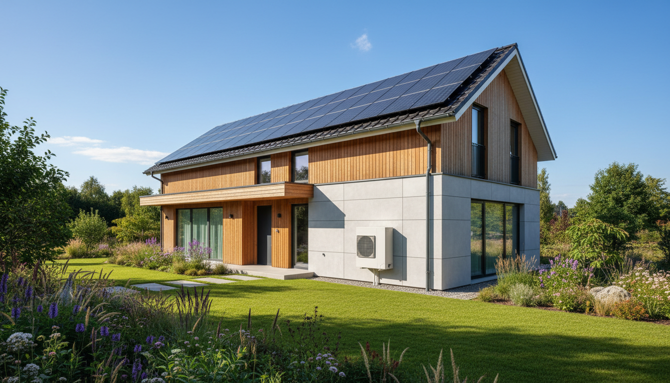 Hausbau Planung: Modernes Eco-Haus mit Solar & Wärmepumpe Modernes, energieeffizientes Haus mit Solarpaneelen, Wärmepumpe und Garten, Hausbau Planung, Weitwinkelaufnahme
