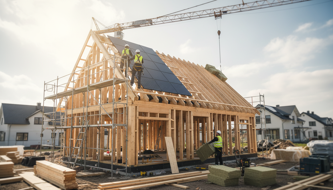 Hausbau Planung: Moderne energieeffiziente Baustelle Hausbau Planung: Energieeffizientes Einfamilienhaus im Rohbau mit Solarmontage und Arbeitern
