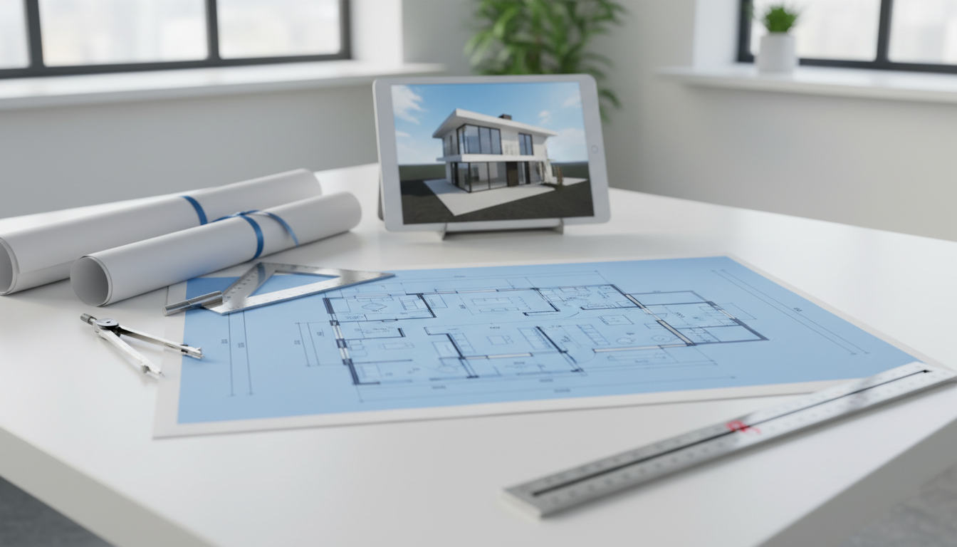 Hausbau Planung: Grundriss und 3DVisuals Arbeitsplatz mit Hausbau Planung: Grundriss, Messwerkzeuge, Blaupausen und Tablet mit 3D-Hausvisualisierung