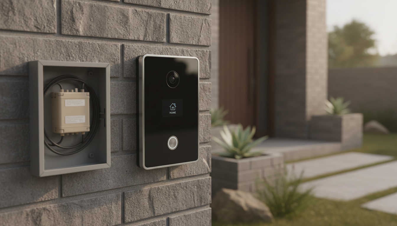 Modernes Türsprechpanel an Außenwand, offener Elektro-Kasten mit sichtbarem Klingeltrafo