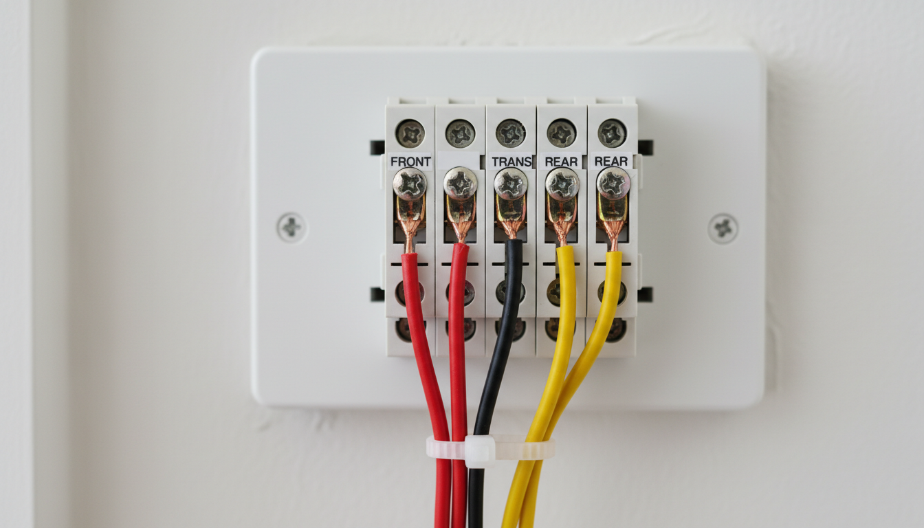 Nahaufnahme: Klingeltrafo mit farbcodierten Drähten an Klemmen in weißer Verteilerdose
