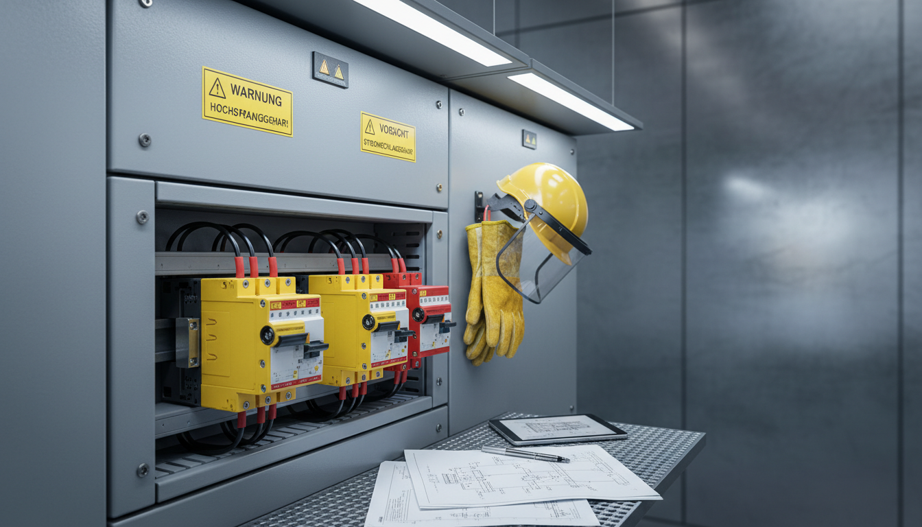 Mittelspannung: Close-up Schaltanlage mit Schutzkennzeichen Close-up einer modernen Mittelspannung-Schaltanlage mit Schutzkennzeichnungen, Schutzgeräten und technischer Dokumentation