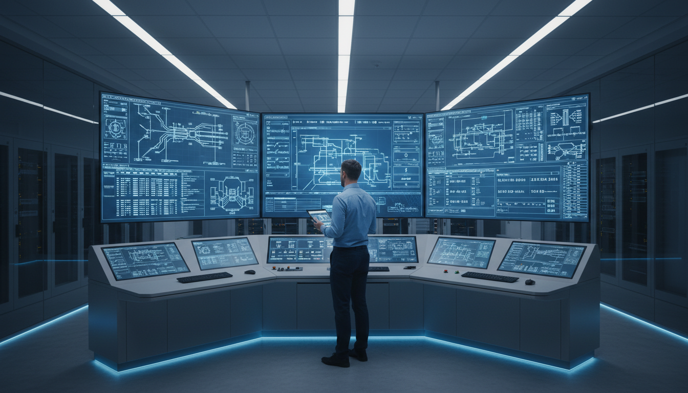 Mittelspannung Schaltzentrale mit digitalen Touchdisplays Elektriker überprüft Mittelspannung in moderner Schaltzentrale mit Touchscreens, Echtzeitdaten und Monitoren.