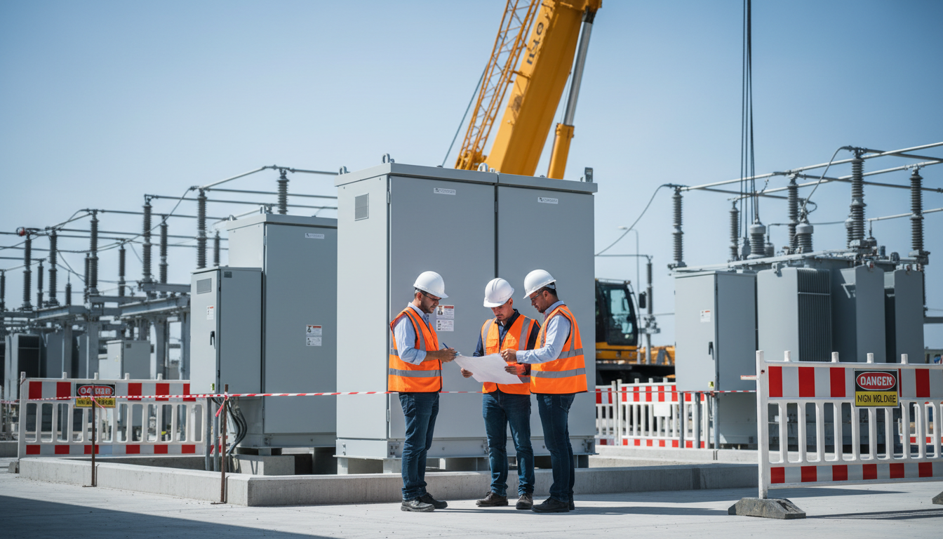 Mittelspannung: Montage im Umspannwerk bei Tageslicht Elektriker prüfen Mittelspannung-Anlage an Umspannstation im Freien, Transformatoren und Baustellenfahrzeuge sichtbar