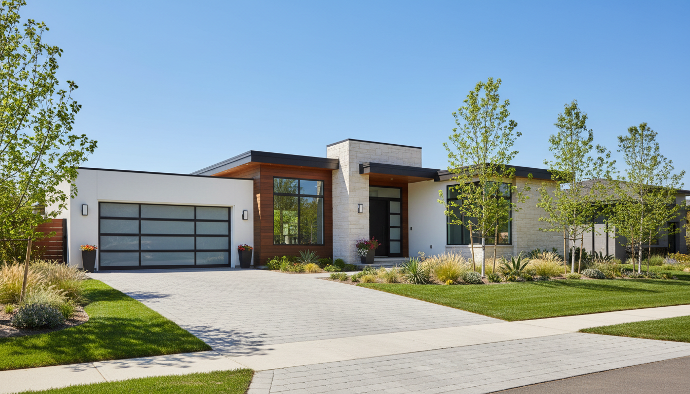 Modernes Wohnhaus auf neu bebautem Grundstück mit Einfahrt, Garage und Garten – Beispiel für bebauung von grundstücken.