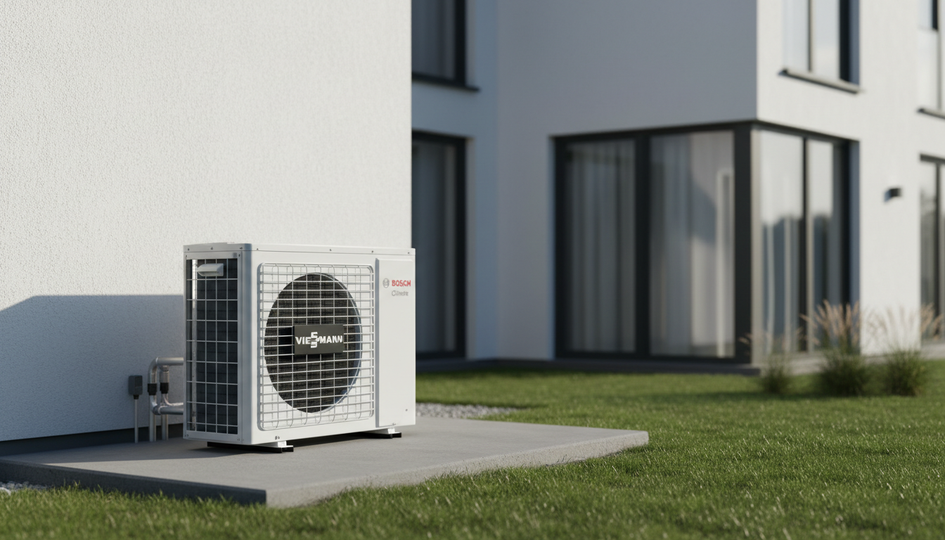 Moderne Waermepumpe am Familienhaus vorn Moderne Luft-Wärmepumpe an einem zeitgemäßen Einfamilienhaus; Technik sichtbar, saubere Montage auf Betonplatte