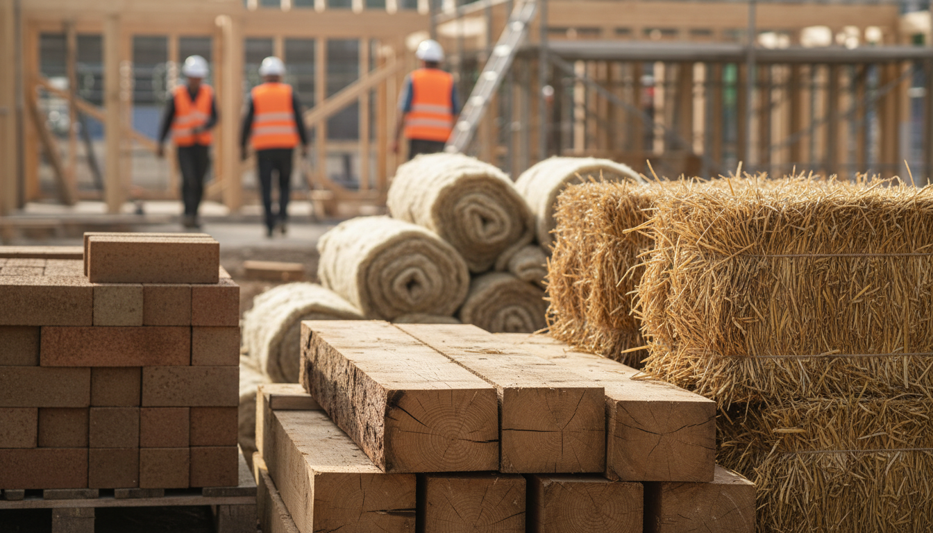 Nahaufnahme nachhaltiges Bauen: Holzträger, Strohbündel, Lehmziegel und Naturdämmung auf Baustelle.