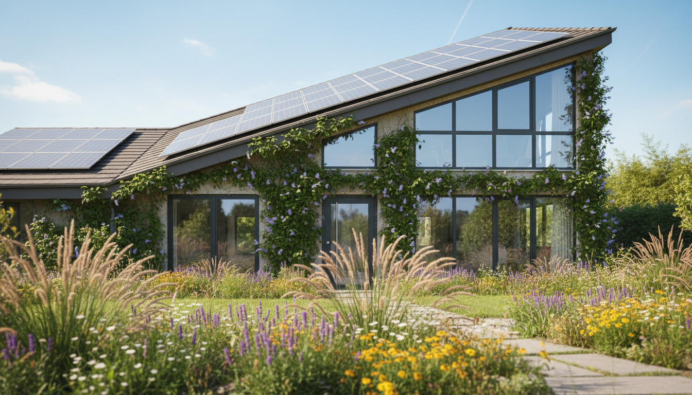 Modernes Familienhaus mit Solarpanelen, grüner Fassade und energieeffizienten Fenstern – nachhaltiges Bauen im Sonnenschein