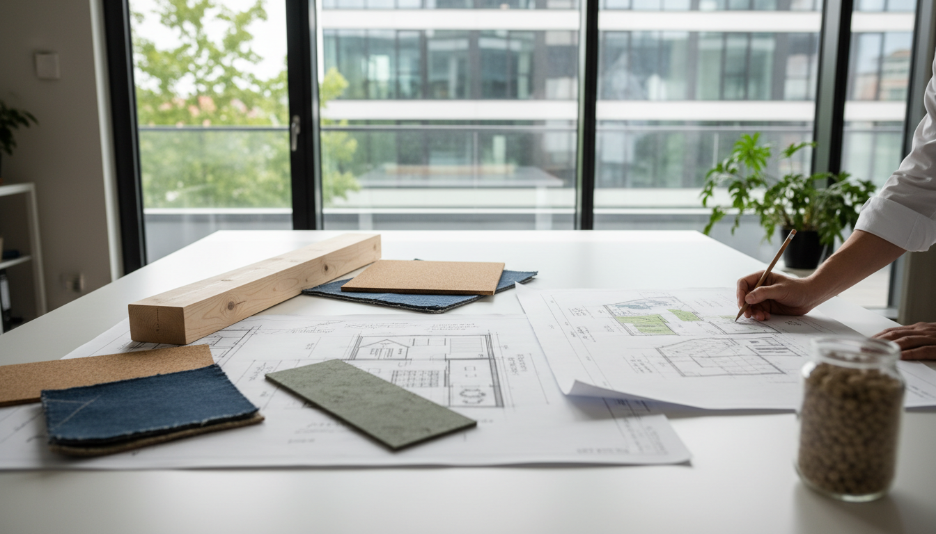 Architektenschreibtisch mit Plänen für nachhaltiges Bauen, Holzmustern, Dämmstoffen und Kamera im Tageslicht