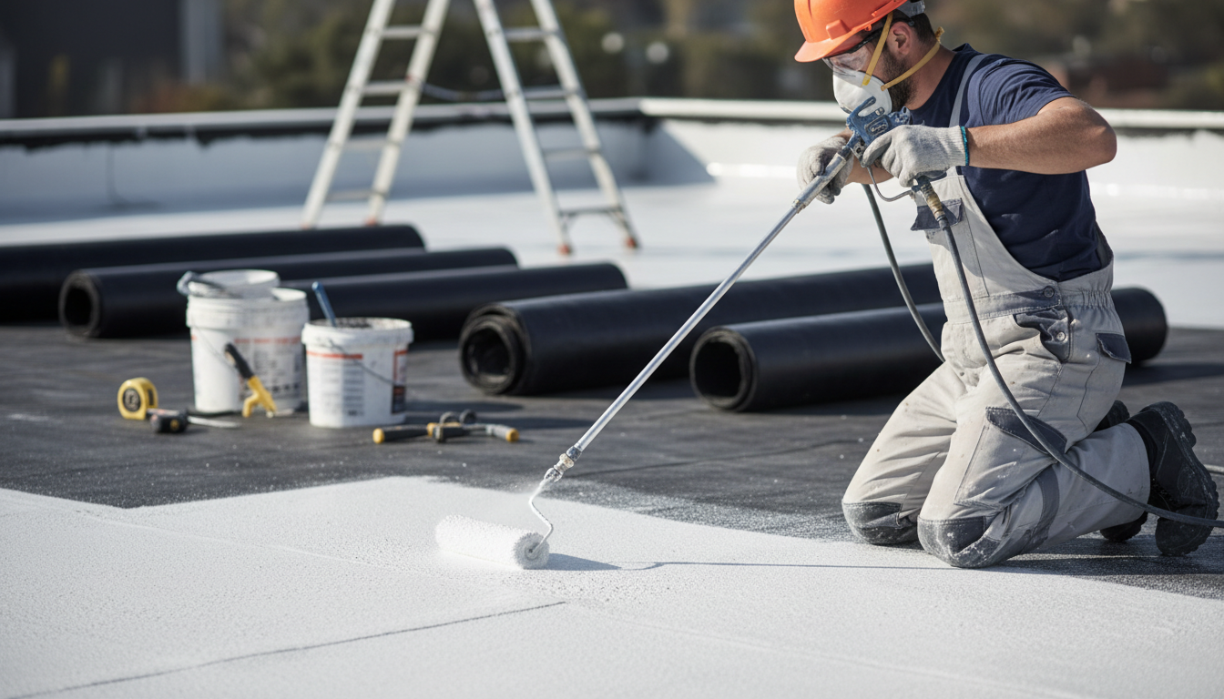 Detaillierte Nahaufnahme einer Flachdach Reparatur: Dachdecker bringt flüssige Beschichtung auf, Werkzeuge und Materialrollen