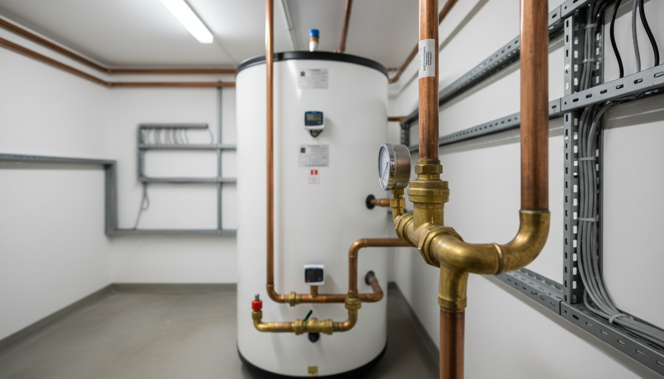 Close-up einer Solarthermie Anlage im modernen Keller: Speicher, Rohre und Anschlüsse klar sichtbar