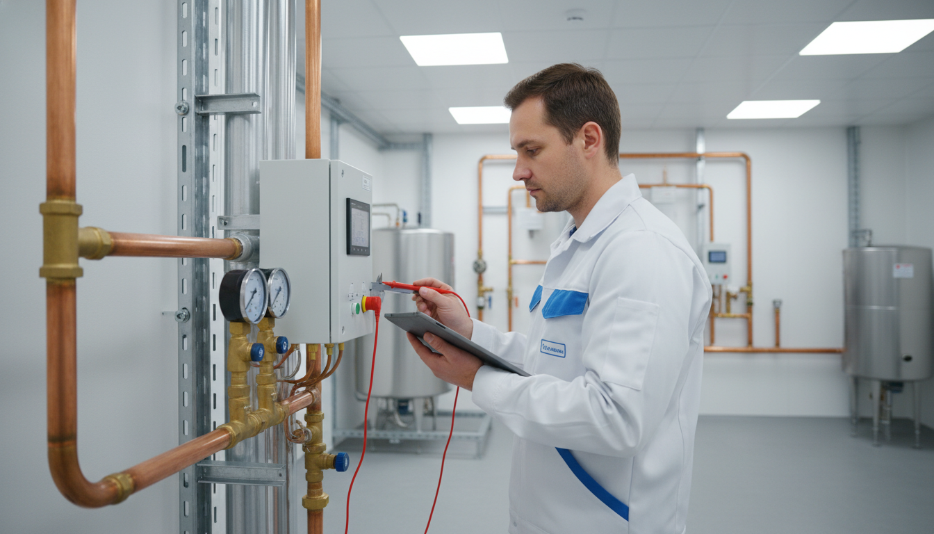 Techniker bei Wartung einer Solarthermie Anlage, prüft Steuerungsmodul und Druckmanometer in hellem Technikraum