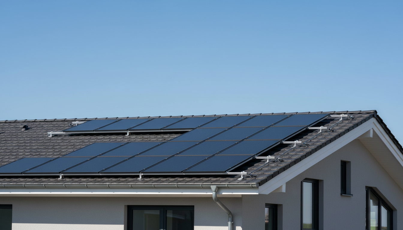 Professionelles Foto einer Solarthermie Anlage mit Solarkollektoren auf einem modernen Wohnhausdach bei klarem Himmel