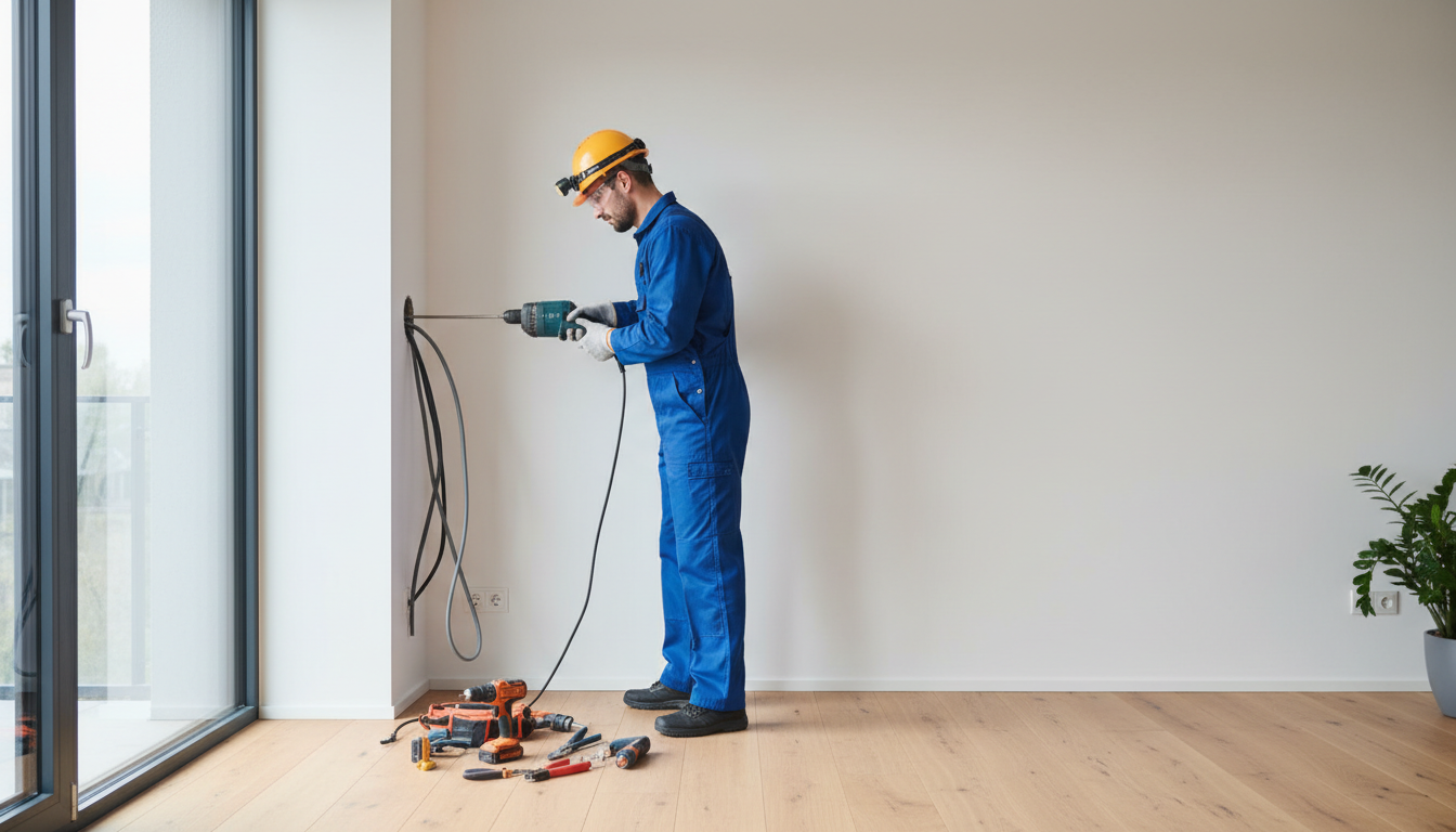 Professioneller Elektriker bohrt Unterputzdose in weiße Wand, Kabel sichtbar, helles Tageslicht – Steckdose nachrüsten