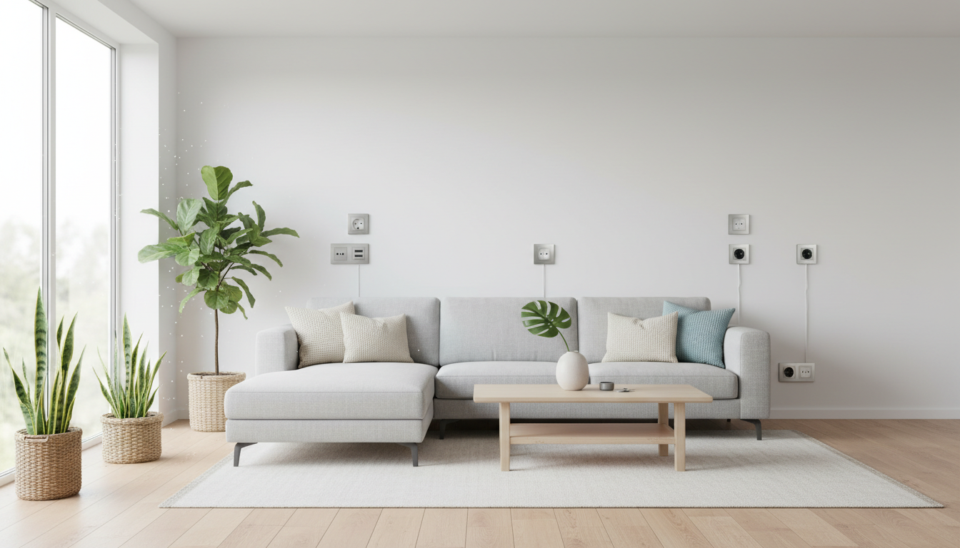 Modernes Wohnzimmer mit neu installierten Wandsteckdosen und USB-Ports, Beispiel für Steckdose nachrüsten