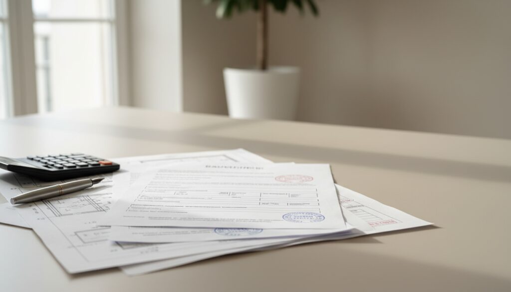 Aufnahme von Bauantrag oder Bauanzeige-Unterlagen mit Stempel, Blaupause, Rechner und Stift auf modernem Schreibtisch.