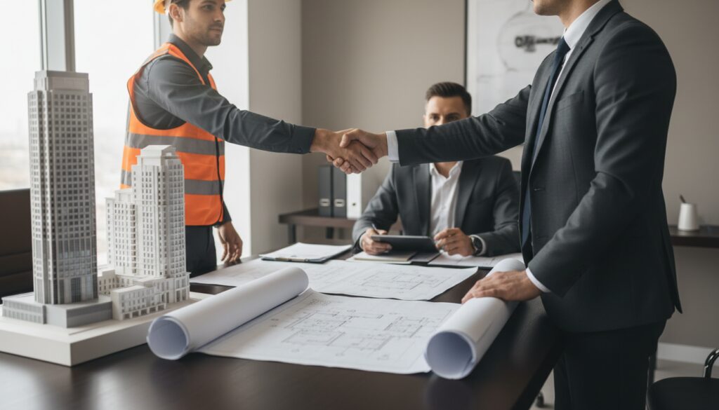 Geschäftlicher Handschlag über Bauplänen und Modellen, seriöser Entwickler prüft Unterlagen – bauträger finden