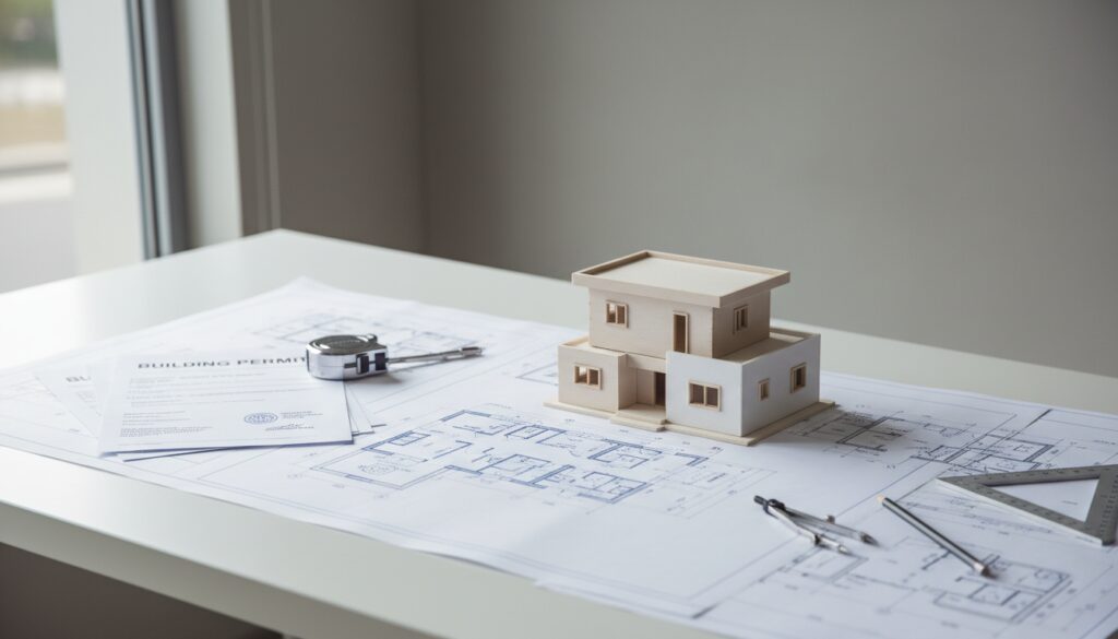 Architekten-Baupläne, Hausmodell und Bauantrag auf weißem Tisch – Bebauung von Grundstücken im Planungsprozess