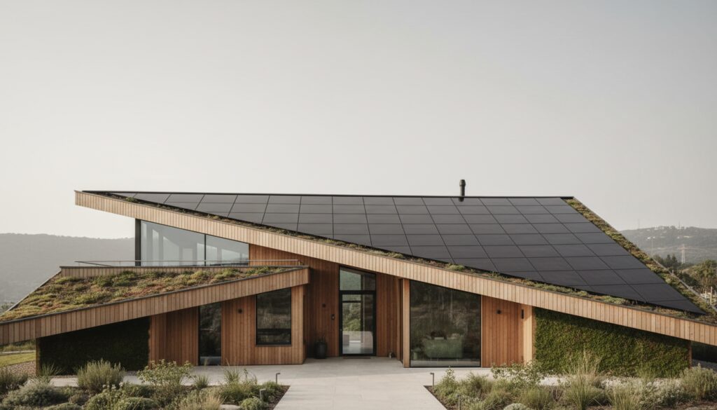 CO2-neutrales Wohnen: Modernes Eco-Haus mit Solarpaneelen, Holzfassade und grüner Vegetation im natürlichen Licht