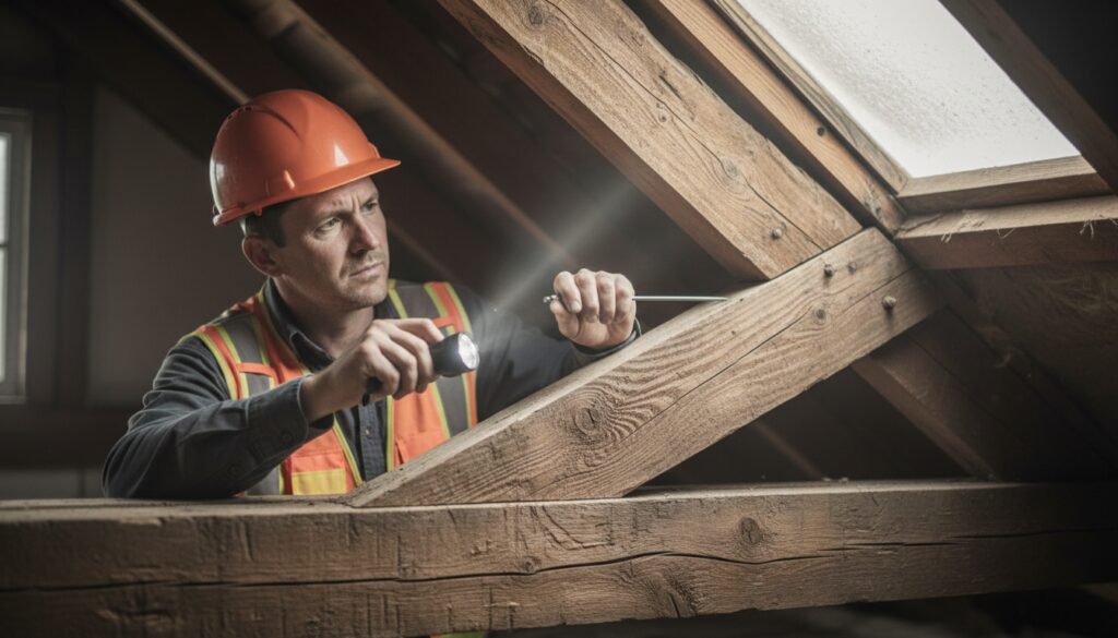Dachbalken prüfen: Inspektor mit Taschenlampe und Werkzeug im Dachstuhl, sichtbare Holzmaserung im Tageslicht.