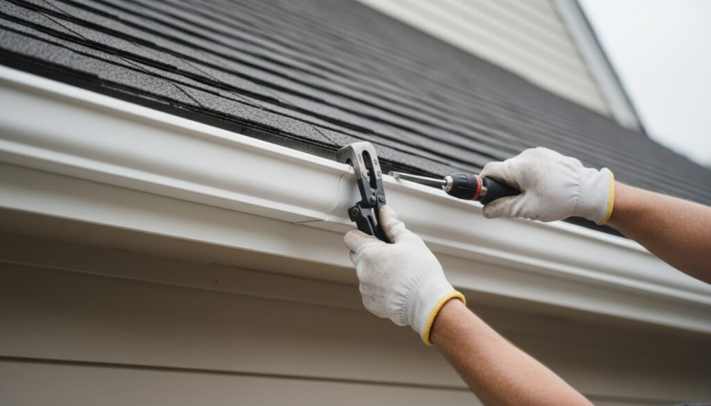 Handwerker beim Dachrinne montieren: Nahaufnahme der Hände beim Befestigen weißer Regenrinne mit Profiwerkzeug