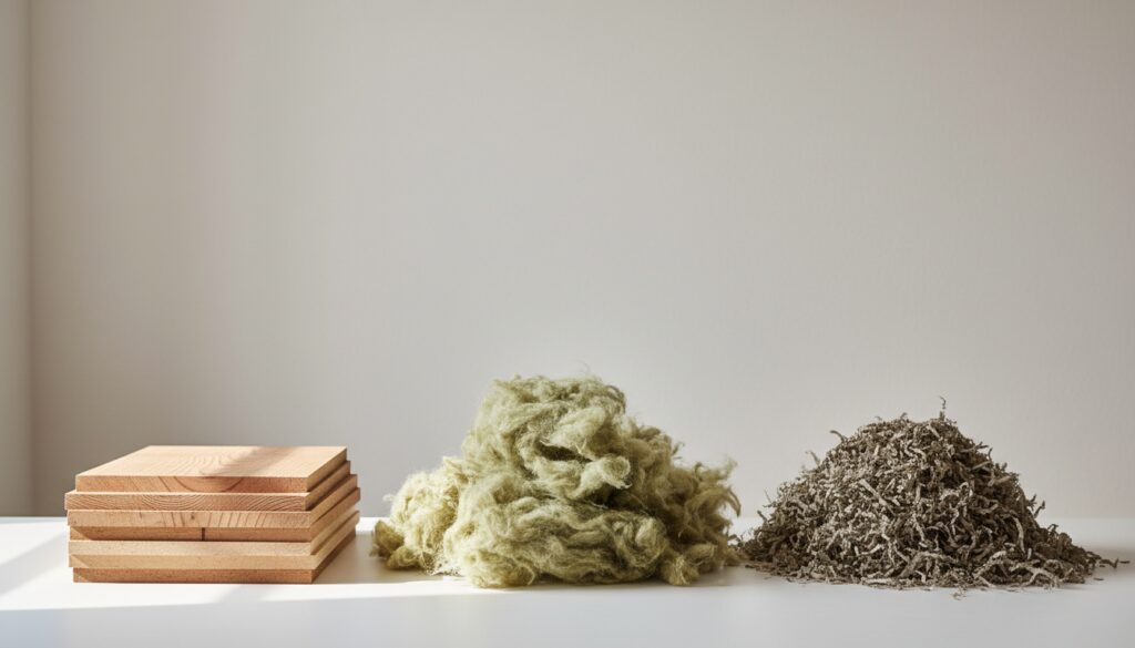 Nachhaltige Dämmstoffe auf weißem Hintergrund: Holzfaser, Hanf, recycelte Zellulose – Dämmung nachhaltig